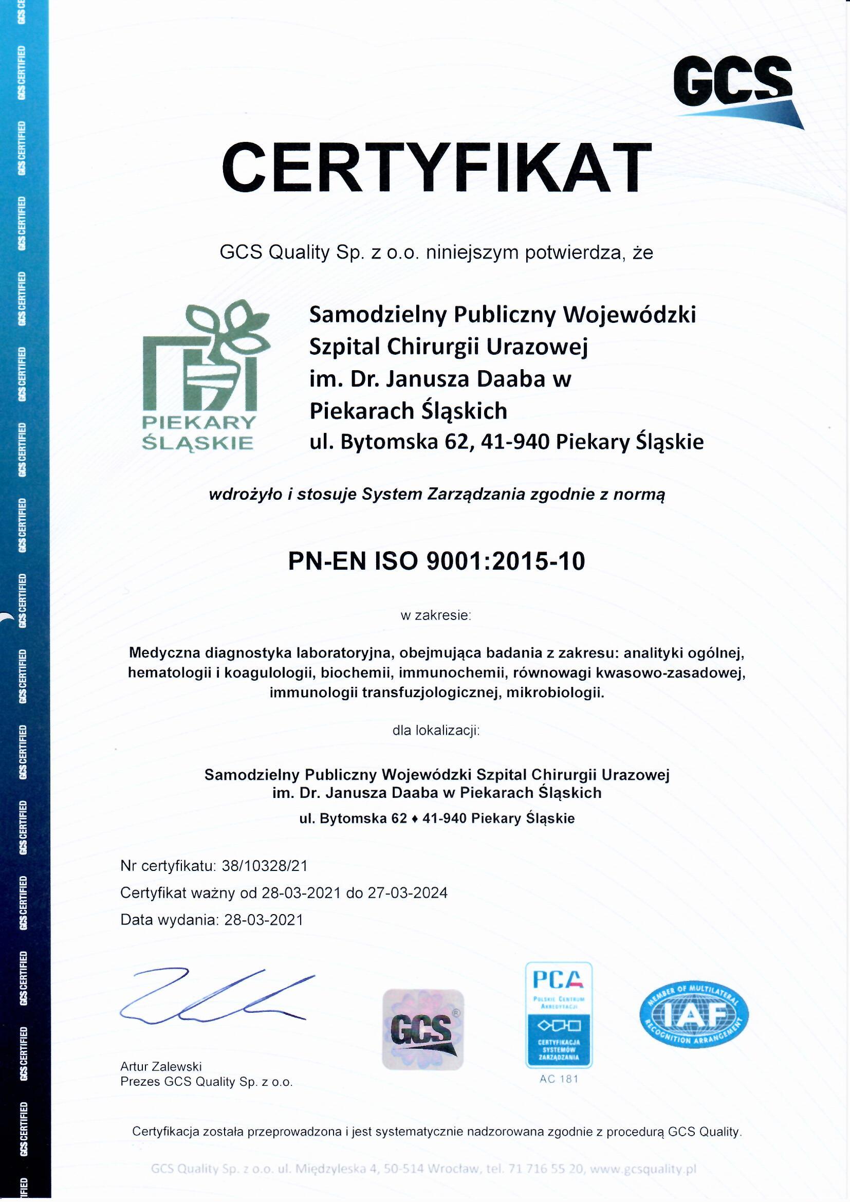 Zdjęcie certyfikatu ISO
